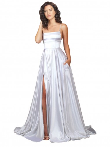 Sleeveless Spaghetti Straps Stretch Satin White Long Beach Wedding Dress Leicester