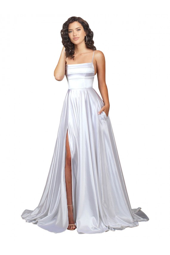 Sleeveless Spaghetti Straps Stretch Satin White Long Beach Wedding Dress Leicester