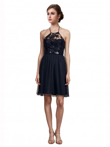 Sleeveless Halter Neck Tulle Black Knee Length Bridesmaid Gown Leicester