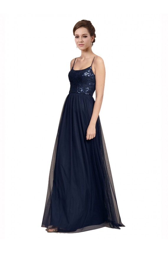 Sleeveless Spaghetti Straps Tulle & Lace Dark Navy Long Bridesmaid Dress Leicester