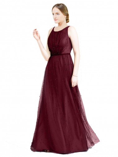 Sleeveless Boat Neck Tulle Burgundy Long Semi Formal Evening Dress / Bridesmaid Dress Leicester