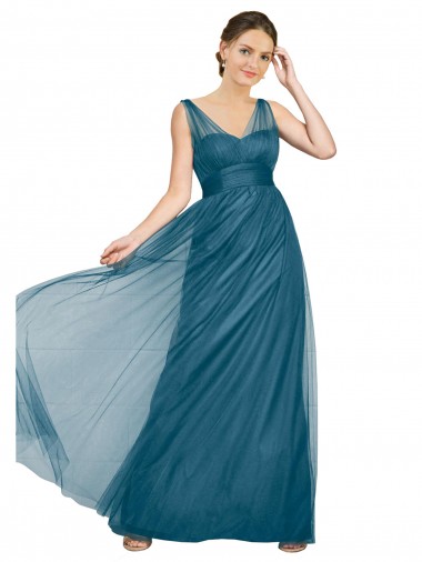 Sleeveless V-Neck Tulle Teal Green Long Bridesmaid Dress Leicester