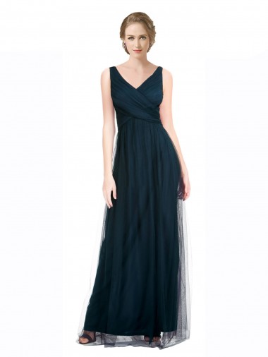 Sleeveless V-Neck Tulle Blue Long Bridesmaid Dress Leicester
