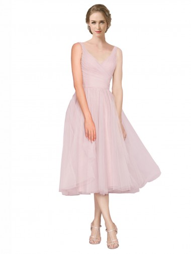 Sleeveless V-Neck Tulle Pink Tea Length Bridesmaid Dress Leicester