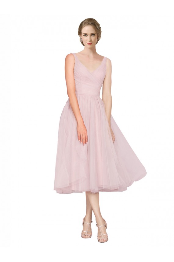 Sleeveless V-Neck Tulle Pink Tea Length Bridesmaid Dress Leicester