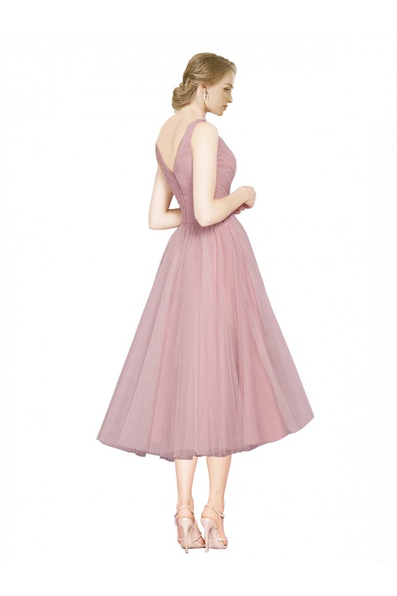 Sleeveless V-Neck Tulle Pink Tea Length Bridesmaid Dress Leicester