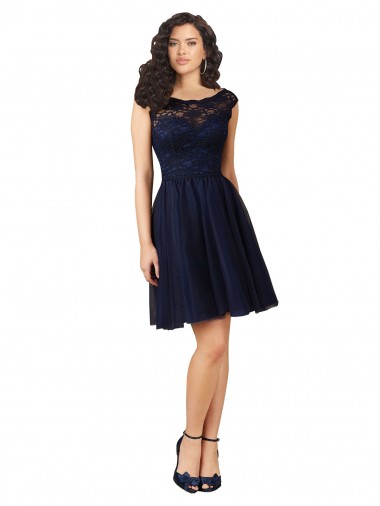 Sleeveless Bateau Neck Tulle & Lace Dark Navy Knee Length Bridesmaid Dress Leicester
