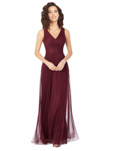 Sleeveless V-Neck Tulle Burgundy Gold Long Bridesmaid Dress Leicester
