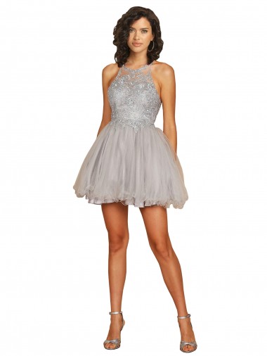 Sleeveless Halter Neck Tulle Silver Short Bridesmaid Dress Leicester