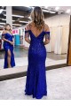Sleeveless V-Neck Velvet Sequin Royal Blue Long Prom Dress / Evening Dress Leicester