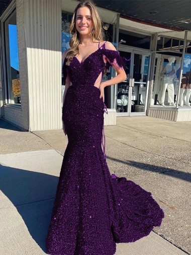 Sleeveless V-Neck Velvet Sequin Plum Purple Court Train Prom Dress / Evening Dress Leicester