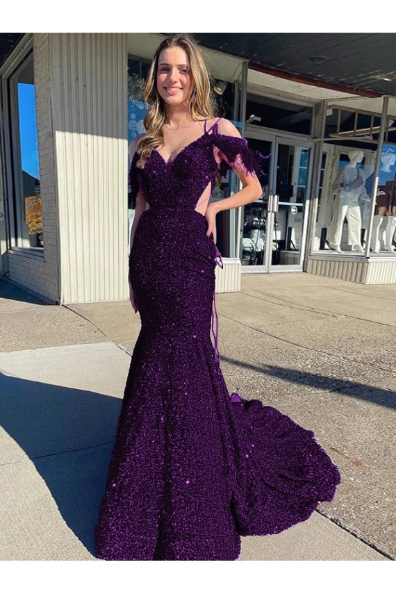 Sleeveless V-Neck Velvet Sequin Plum Purple Court Train Prom Dress / Evening Dress Leicester