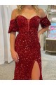 Short Sleeves Off the Shoulder Velvet Sequin Red Court Train Prom Dress / Evening Dress Leicester