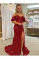Short Sleeves Off the Shoulder Velvet Sequin Red Court Train Prom Dress / Evening Dress Leicester