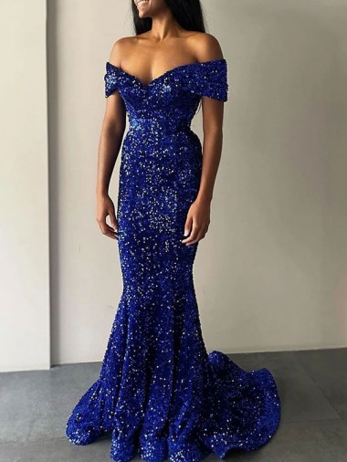 Sleeveless Off the Shoulder Velvet Sequin Royal Blue Sweep Train Prom Dresses Leicester