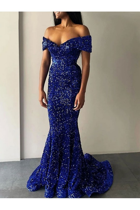 Sleeveless Off the Shoulder Velvet Sequin Royal Blue Sweep Train Prom Dresses Leicester
