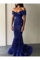 Sleeveless Off the Shoulder Velvet Sequin Royal Blue Sweep Train Prom Dresses Leicester