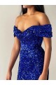 Sleeveless Off the Shoulder Velvet Sequin Royal Blue Sweep Train Prom Dresses Leicester