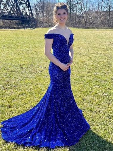 Sleeveless Off the Shoulder Velvet Sequin Royal Blue Sweep Train Prom Dress Leicester