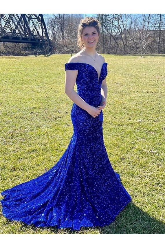 Sleeveless Off the Shoulder Velvet Sequin Royal Blue Sweep Train Prom Dress Leicester