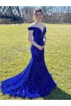 Sleeveless Off the Shoulder Velvet Sequin Royal Blue Sweep Train Prom Dress Leicester