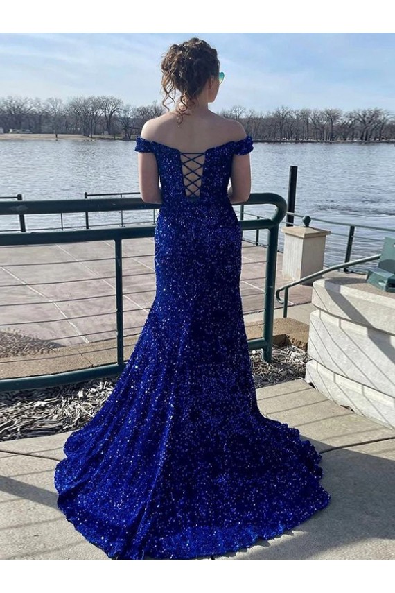 Sleeveless Off the Shoulder Velvet Sequin Royal Blue Sweep Train Prom Dress Leicester