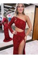 Long Sleeves One Shoulder Velvet Sequin Burgundy Sweep Train Evening Dress Leicester