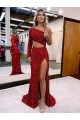 Long Sleeves One Shoulder Velvet Sequin Burgundy Sweep Train Evening Dress Leicester