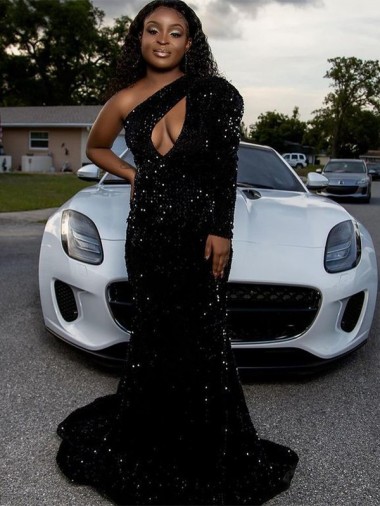 Long Sleeves One Shoulder Velvet Sequin Black Sweep Train Prom Dress Leicester