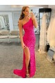 Sleeveless One Shoulder Velvet Sequin Fuchsia Sweep Train Evening Dress Leicester