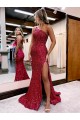 Sleeveless One Shoulder Velvet Sequin Burgundy Sweep Train Evening Dress Leicester