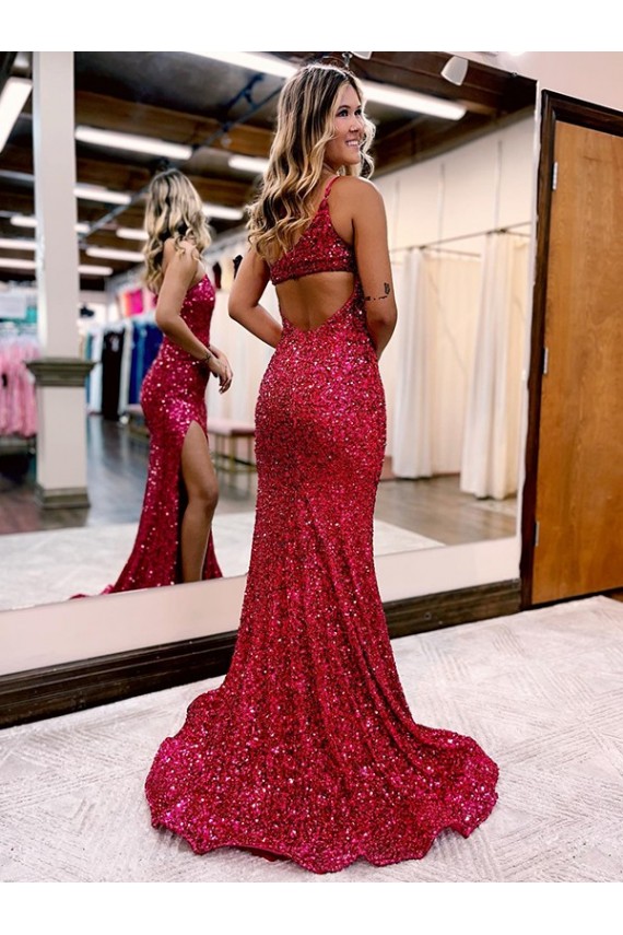 Sleeveless One Shoulder Velvet Sequin Burgundy Sweep Train Evening Dress Leicester