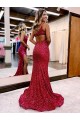 Sleeveless One Shoulder Velvet Sequin Burgundy Sweep Train Evening Dress Leicester