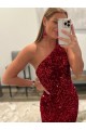 Sleeveless One Shoulder Velvet Sequin Pink Sweep Train Prom Dress Leicester