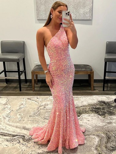 Sleeveless One Shoulder Velvet Sequin Pink Sweep Train Prom Dress Leicester