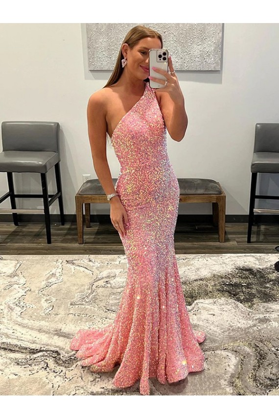 Sleeveless One Shoulder Velvet Sequin Pink Sweep Train Prom Dress Leicester