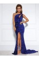 Sleeveless One Shoulder Velvet Sequin Royal Blue Court Train Prom Dress / Evening Dress Leicester