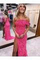 Sleeveless One Shoulder Velvet Sequin Fuchsia Sweep Train Evening Gown Leicester