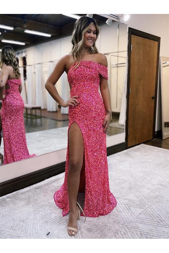 Sleeveless One Shoulder Velvet Sequin Fuchsia Sweep Train Evening Gown Leicester