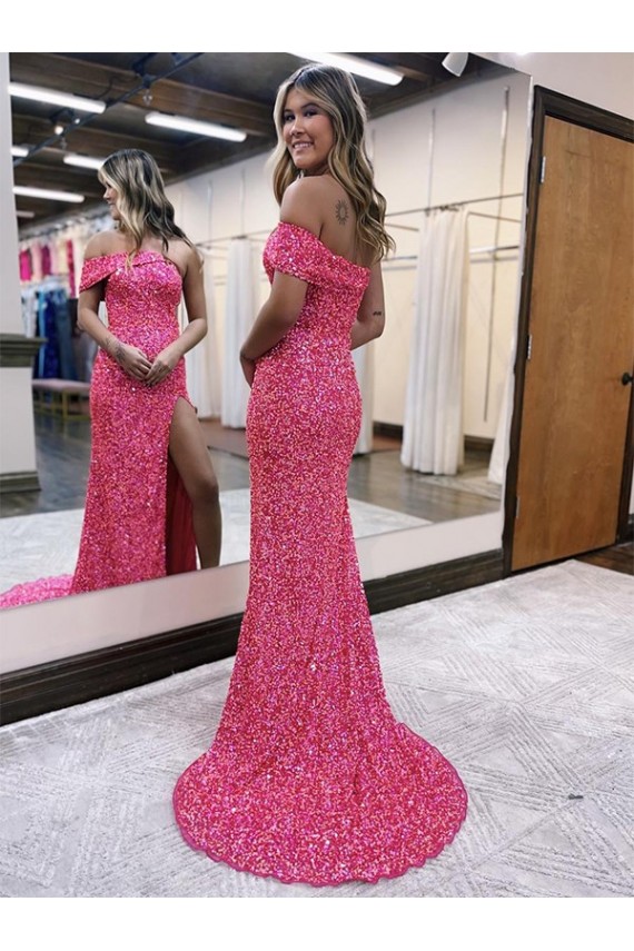 Sleeveless One Shoulder Velvet Sequin Fuchsia Sweep Train Evening Gown Leicester
