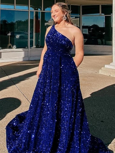 Sleeveless One Shoulder Velvet Sequin Royal Blue Sweep Train Prom Dress / Evening Gown Leicester