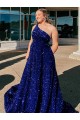 Sleeveless One Shoulder Velvet Sequin Royal Blue Sweep Train Prom Dress / Evening Gown Leicester
