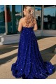 Sleeveless One Shoulder Velvet Sequin Royal Blue Sweep Train Prom Dress / Evening Gown Leicester