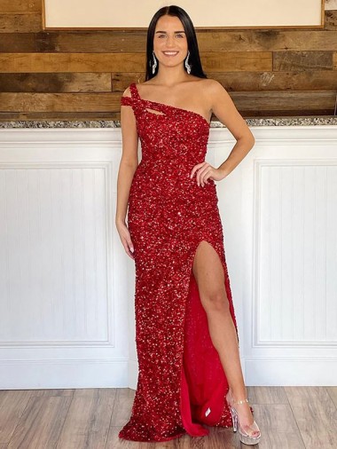 Sleeveless One Shoulder Velvet Sequin Burgundy Sweep Train Prom Dress Leicester