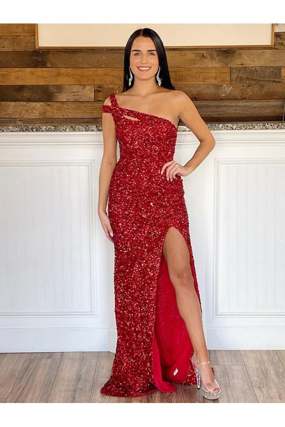 Sleeveless One Shoulder Velvet Sequin Burgundy Sweep Train Prom Dress Leicester