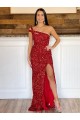 Sleeveless One Shoulder Velvet Sequin Burgundy Sweep Train Prom Dress Leicester