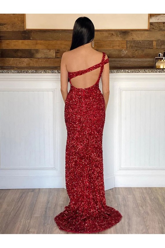 Sleeveless One Shoulder Velvet Sequin Burgundy Sweep Train Prom Dress Leicester