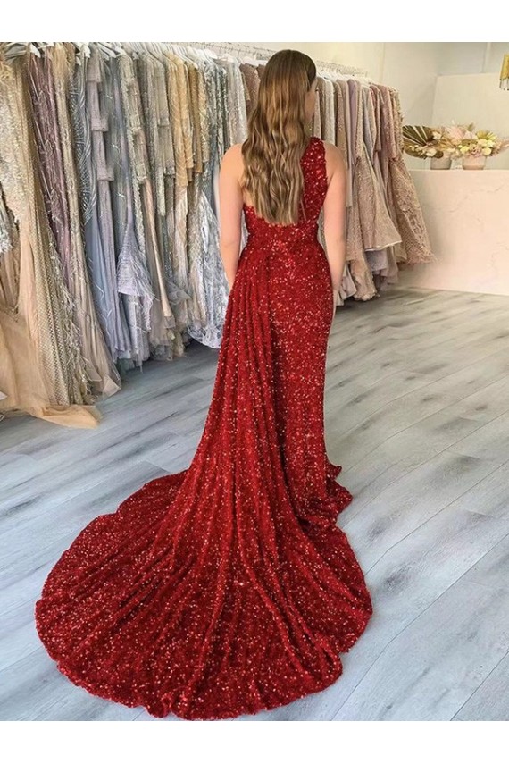 Sleeveless One Shoulder Velvet Sequin Burgundy Court Train Prom Dress Leicester