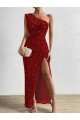 Sleeveless One Shoulder Velvet Sequin Red Long Prom Dress / Evening Dress Leicester
