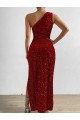 Sleeveless One Shoulder Velvet Sequin Red Long Prom Dress / Evening Dress Leicester